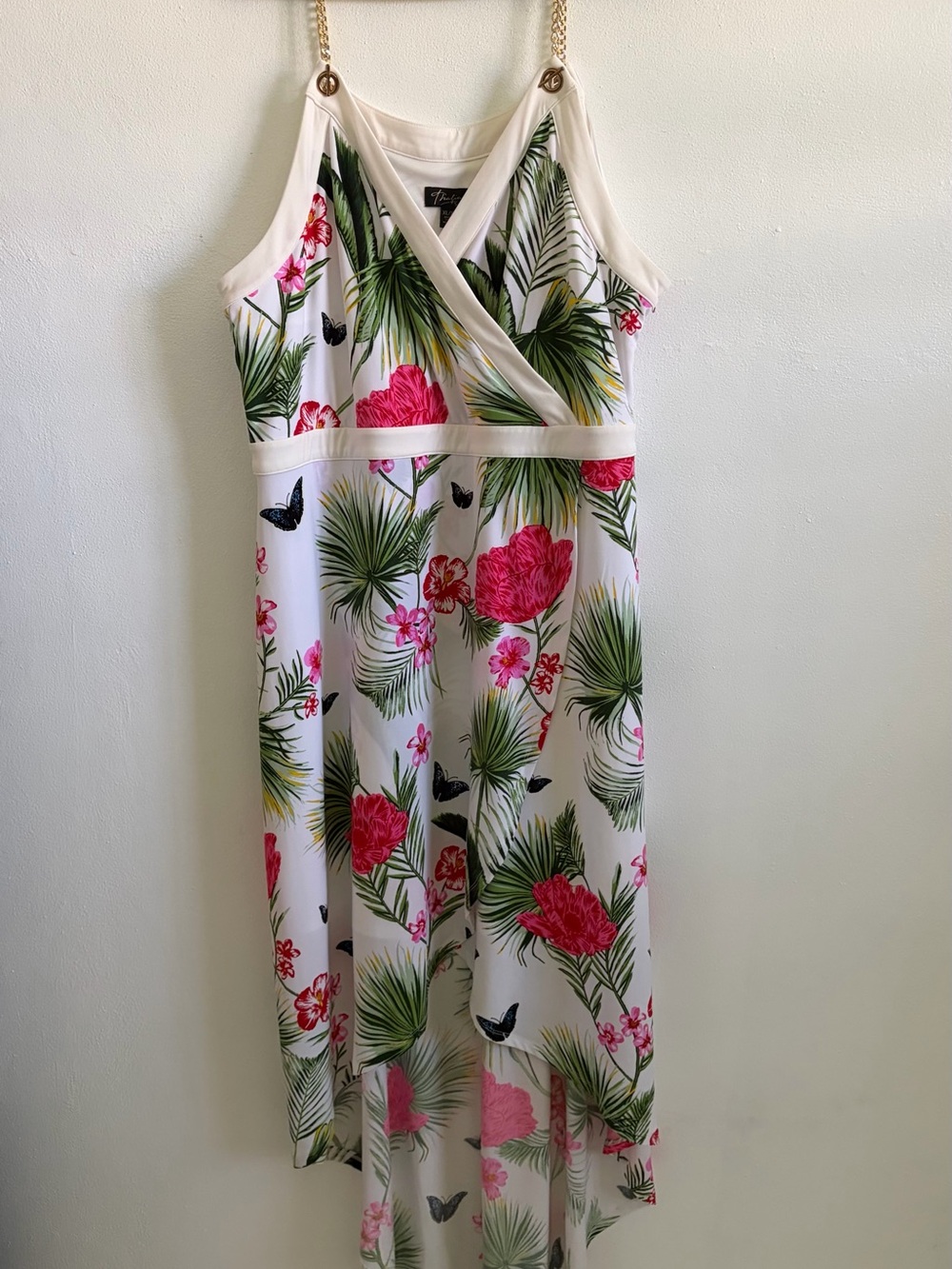 Thalia Sodi White Maxi Dress with Pink Floral & Green Palm Print